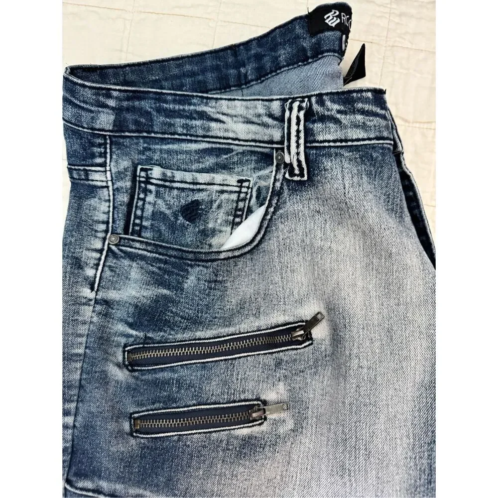 Rocawear Biker Jeans Mens 38 Blue Denim Streetwear Slim Fit Faded Skinny Leg y2k